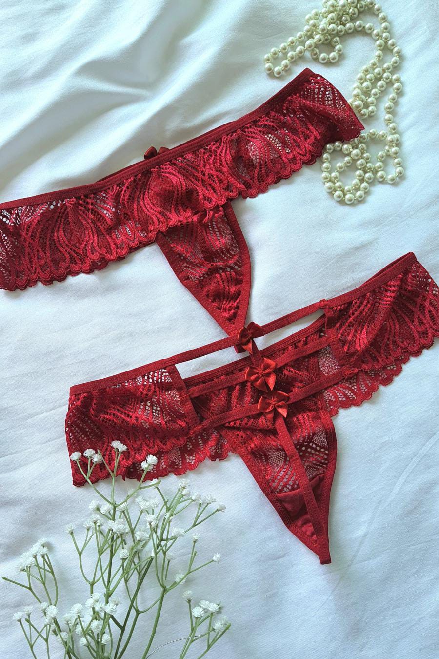 Conjunto base em renda calcinha bombom